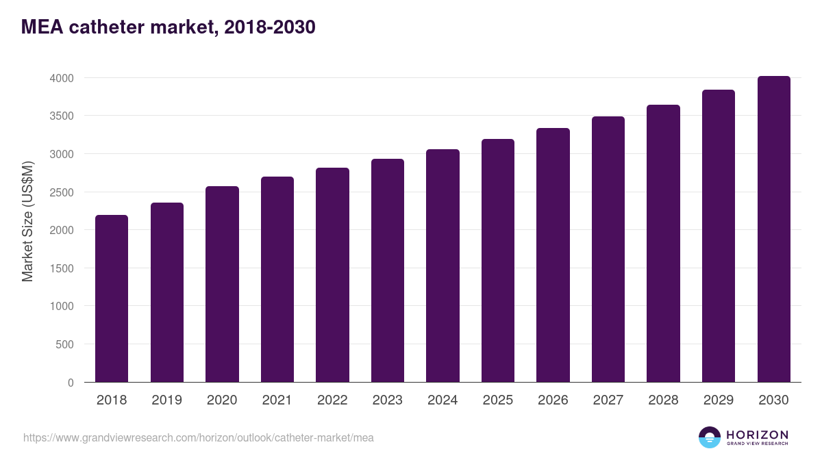 Middle East & Africa catheter market, 2018-2030 (US$M)