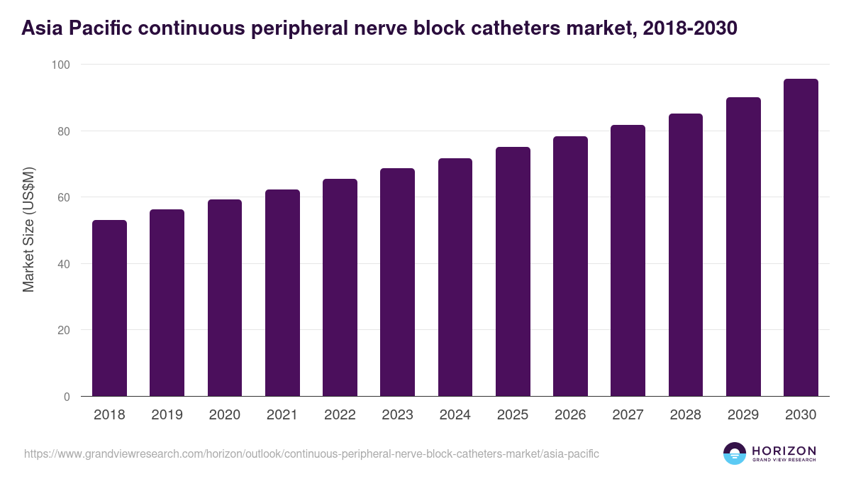 Asia Pacific continuous peripheral nerve block catheters market, 2018-2030 (US$M)