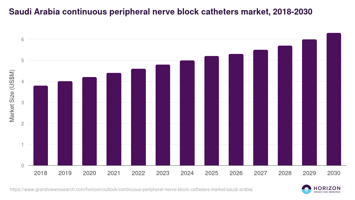 Saudi Arabia continuous peripheral nerve block catheters market, 2018-2030 (US$M)