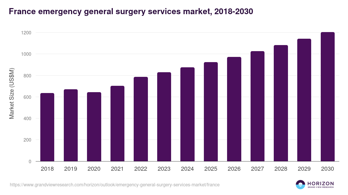 France emergency general surgery services market, 2018-2030 (US$M)