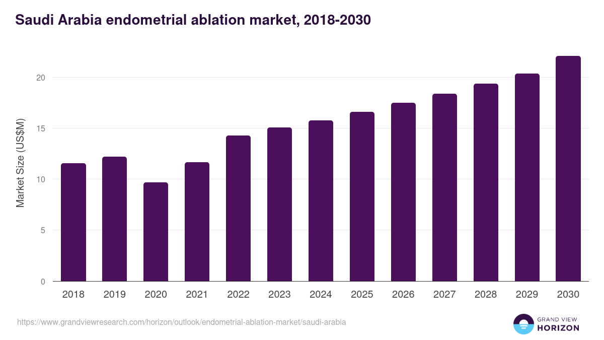 Saudi Arabia endometrial ablation market, 2018-2030 (US$M)