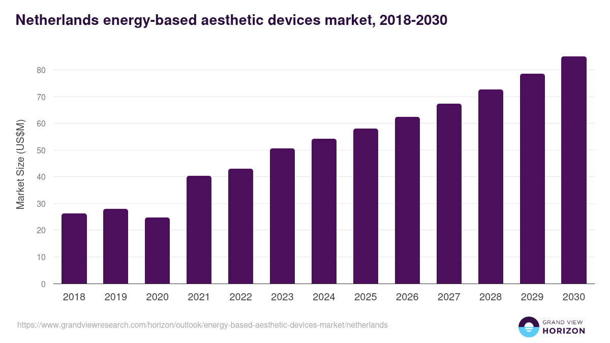 Netherlands energy-based aesthetic devices market, 2018-2030 (US$M)