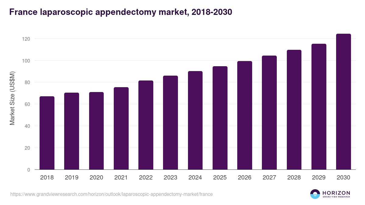 France laparoscopic appendectomy market, 2018-2030 (US$M)