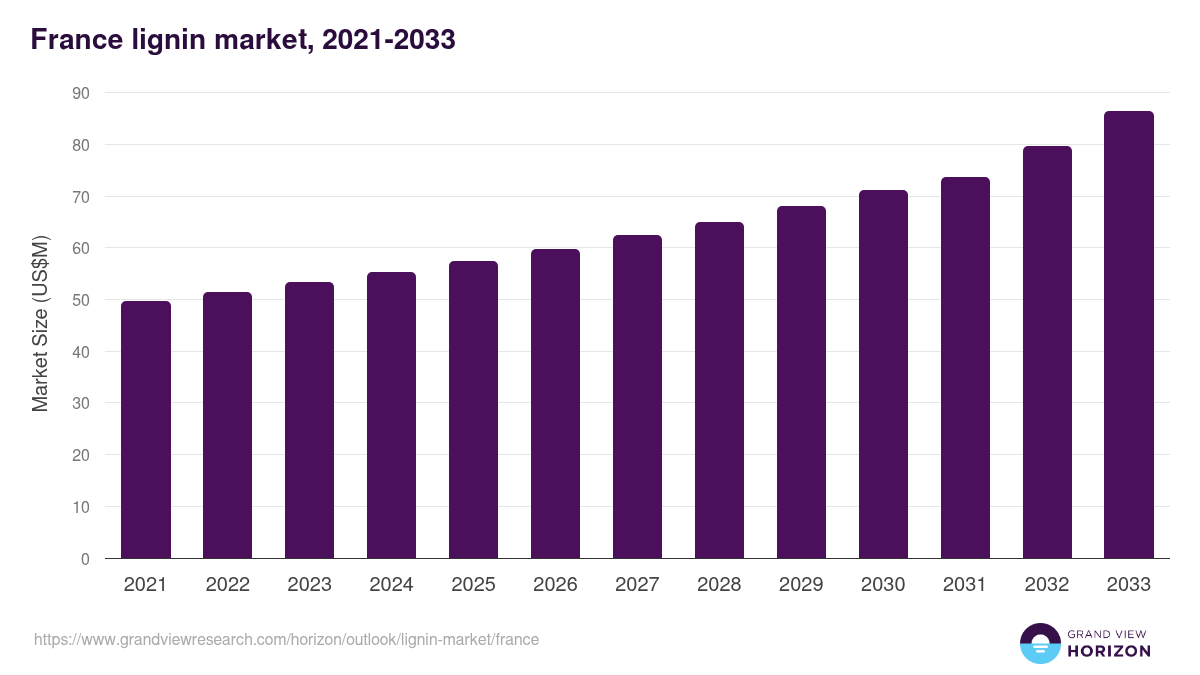 France lignin market, 2021-2033 (US$M)