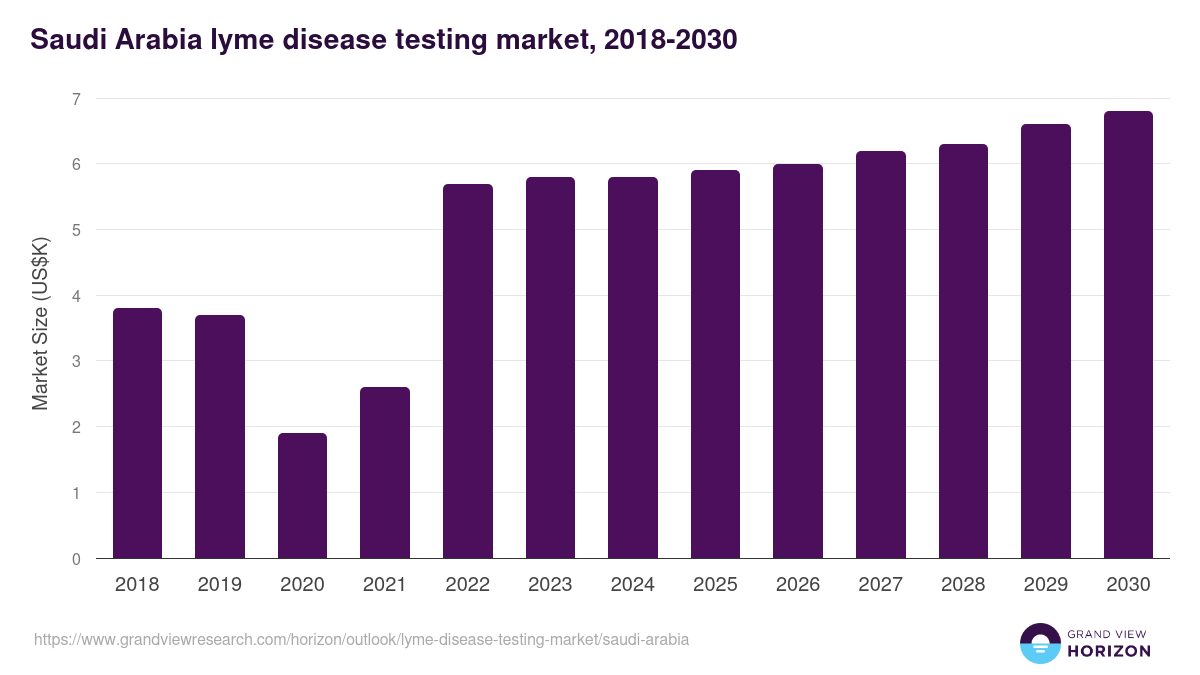 Saudi Arabia lyme disease testing market, 2018-2030 (US$K)