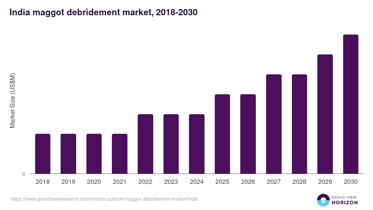 India maggot debridement market, 2018-2030 (US$M)