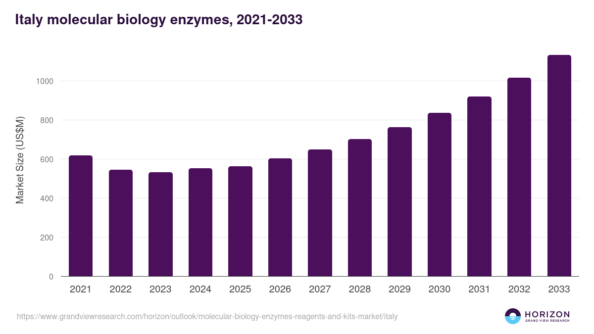 Italy molecular biology enzymes, reagents and kits market, 2021-2033 (US$M)