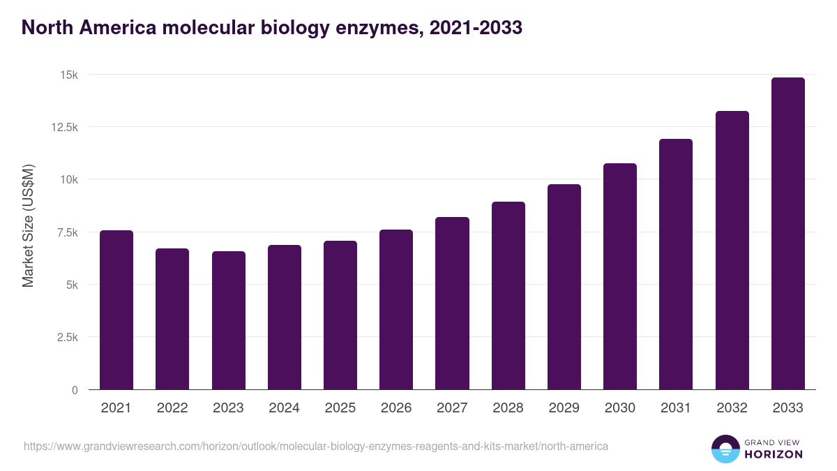 North America molecular biology enzymes, reagents and kits market, 2021-2033 (US$M)