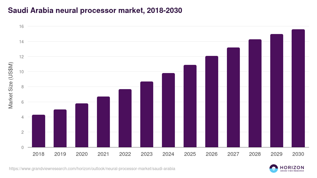 Saudi Arabia neural processor market, 2018-2030 (US$M)