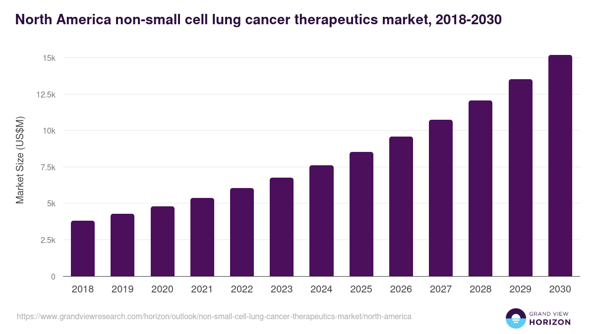 North America non-small cell lung cancer therapeutics market, 2018-2030 (US$M)
