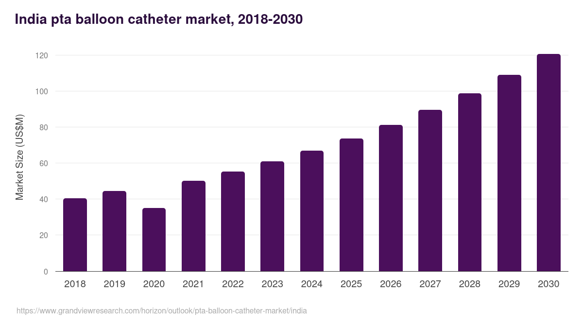 India pta balloon catheter market, 2018-2030 (US$M)