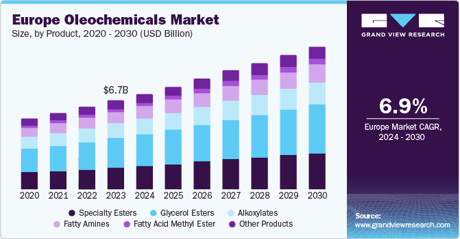 Europe Oleochemicals Market size and growth rate, 2024 - 2030