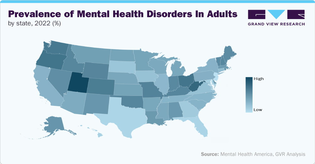 Prevalence of mental health disorders in adults, by state, 2022 (%)